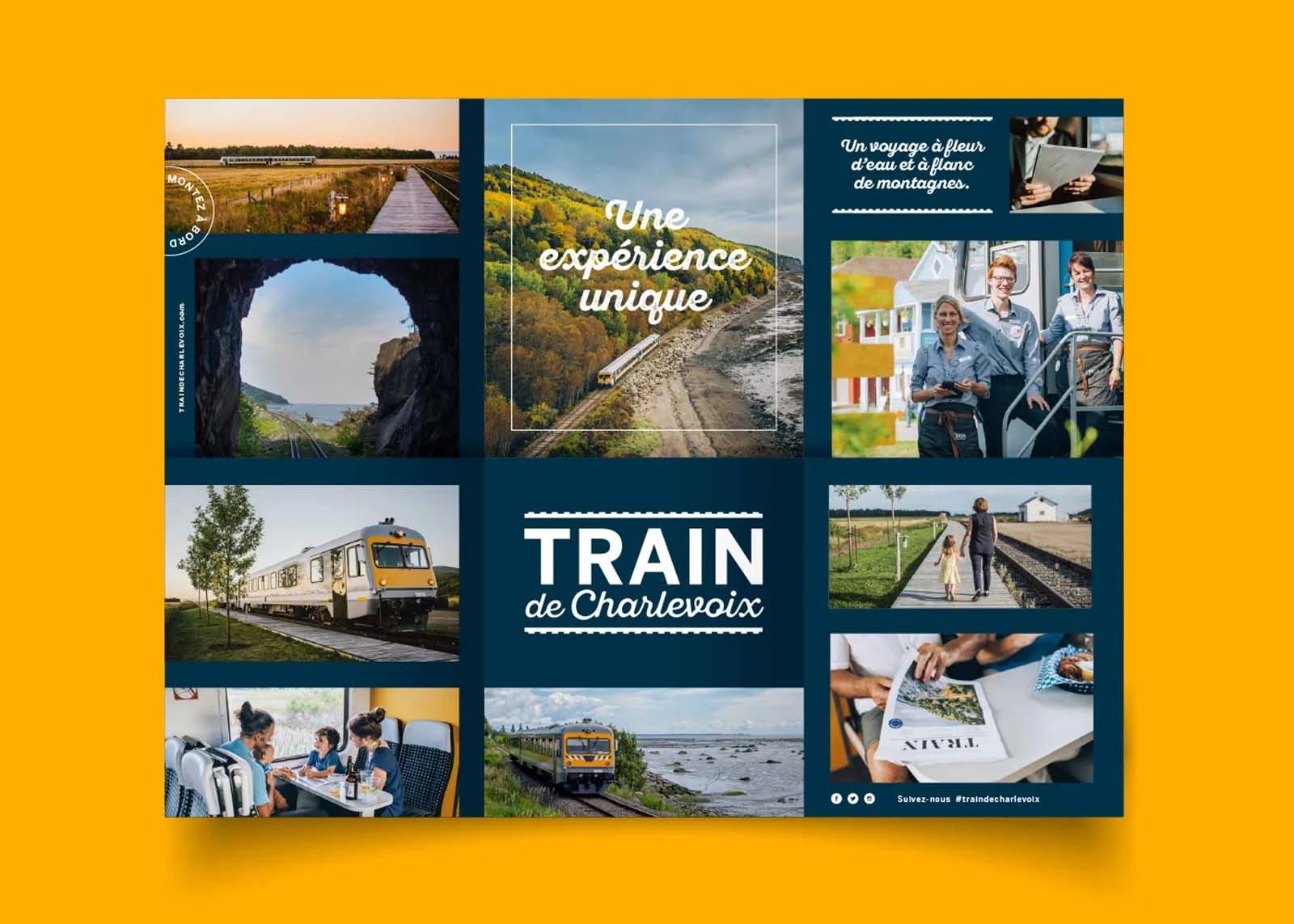 Visuel d'une mosaïque d'image réalisée pour le train de Charlevoix sur fond jaune