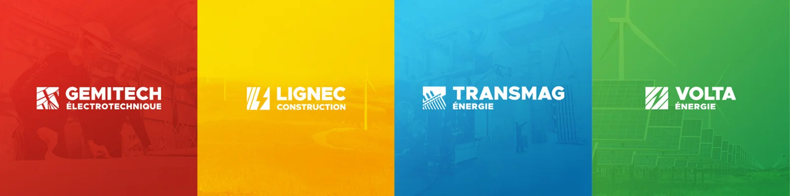 Mosaïque des quatre nouvelles filiales, créée pour la nouvelle identité visuelle de la Société Générale d’Électrotechnique (SGE), avec les quatre couleurs principales et leurs logos.