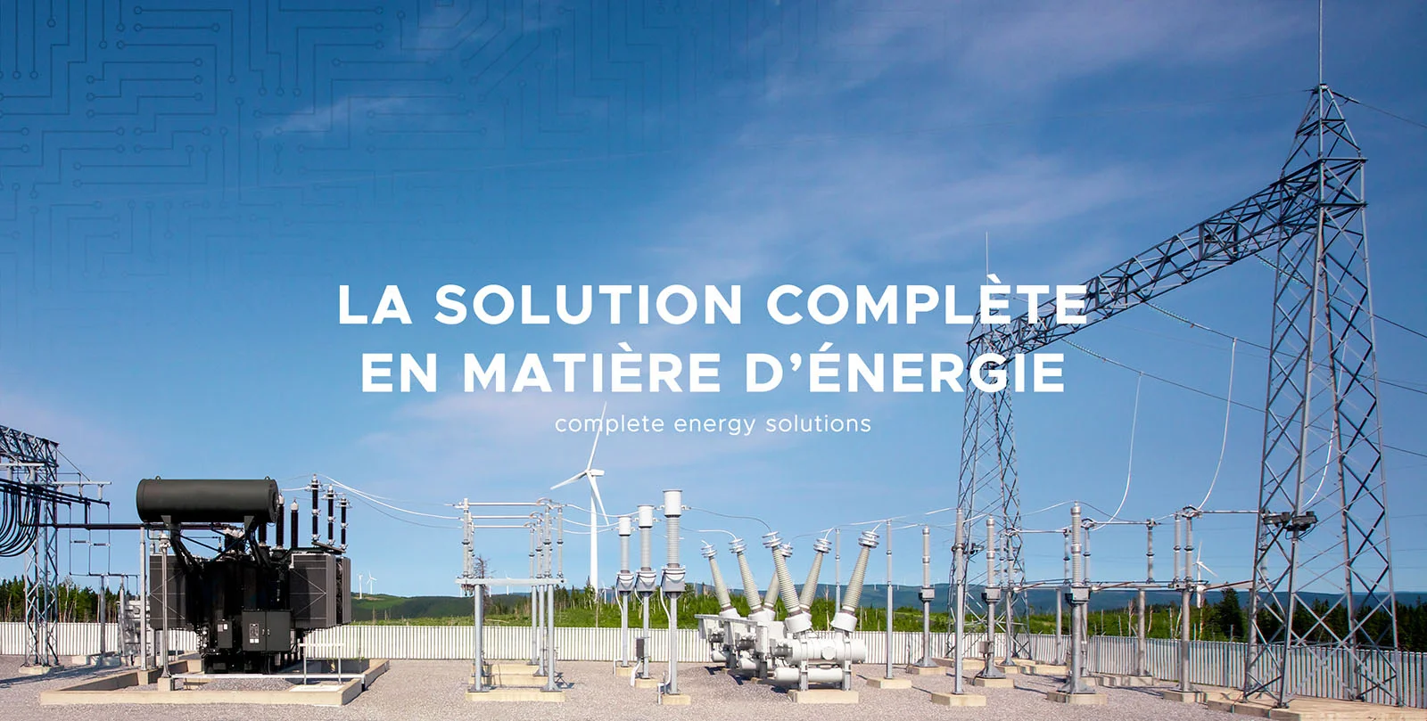 Visuel créé pour la nouvelle identité visuelle de la Société Générale d’Électrotechnique (SGE), avec une photo de la centrale et un slogan dans leur typographie.
