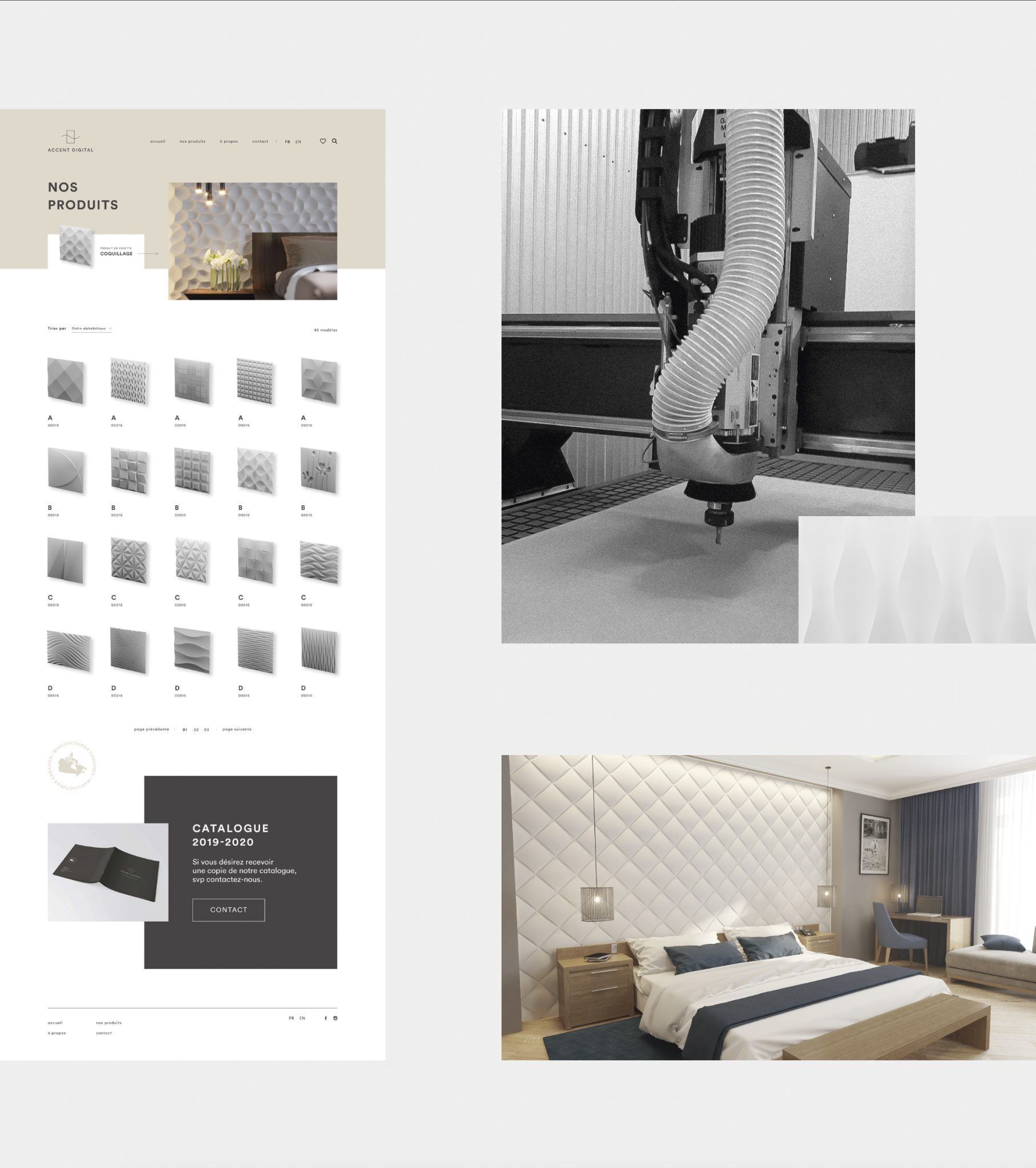 Aperçu du site web conçu par Atelier480 ainsi que deux images du produit