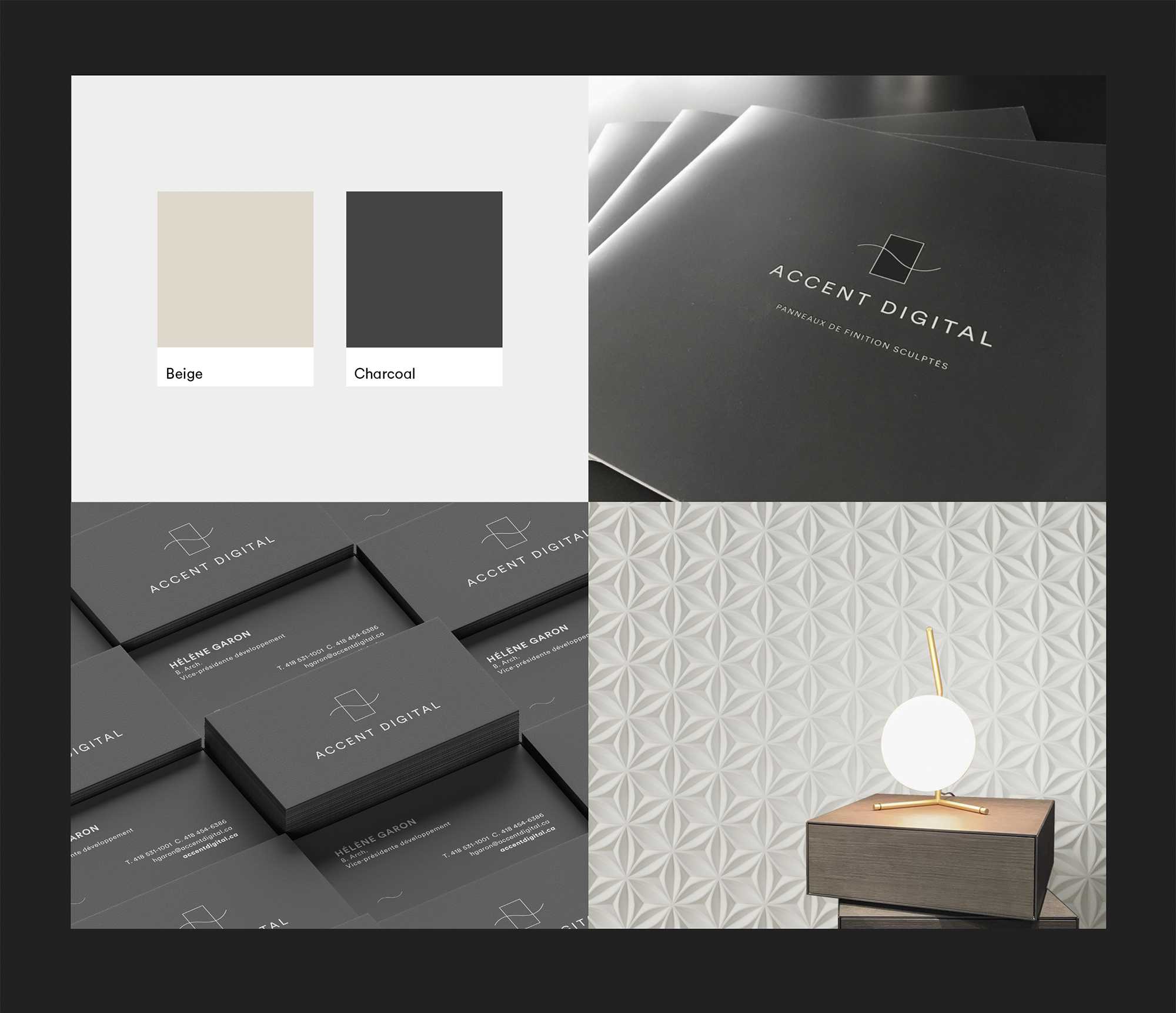 Quatre image de l'univers graphique d'Accent Digital, palette de couleurs, brochure, carte d'affaire et photo d'ambiance.