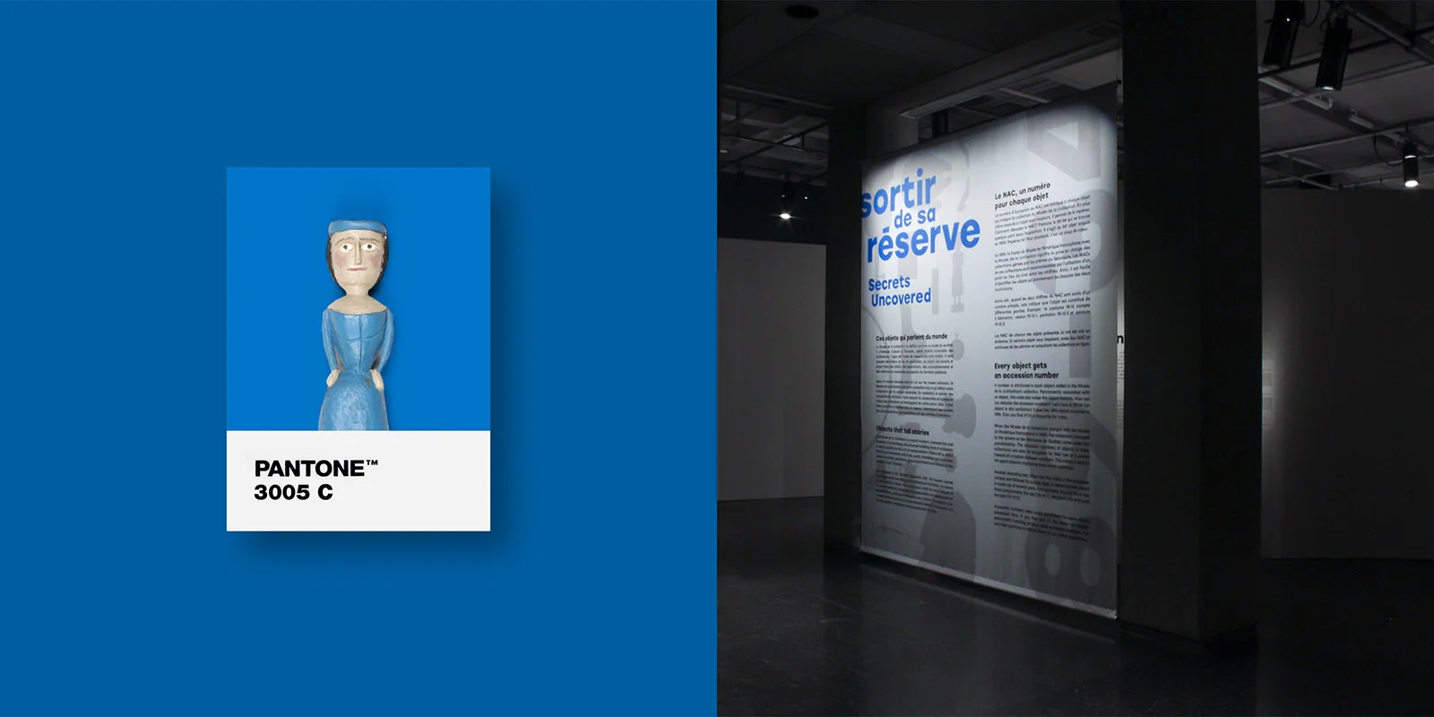 Image d’une des salles d’exposition Sortir de sa réserve, avec la couleur principale de l’identité visuelle.