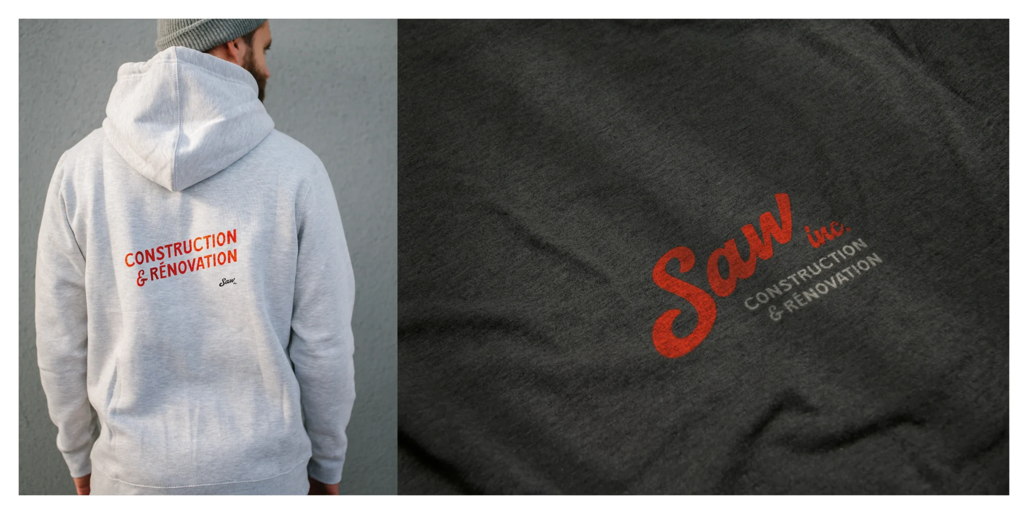 Vêtements promotionnels de SAW inc. avec application du logo sur t-shirt et coton ouate, reflétant l’identité visuelle de la marque