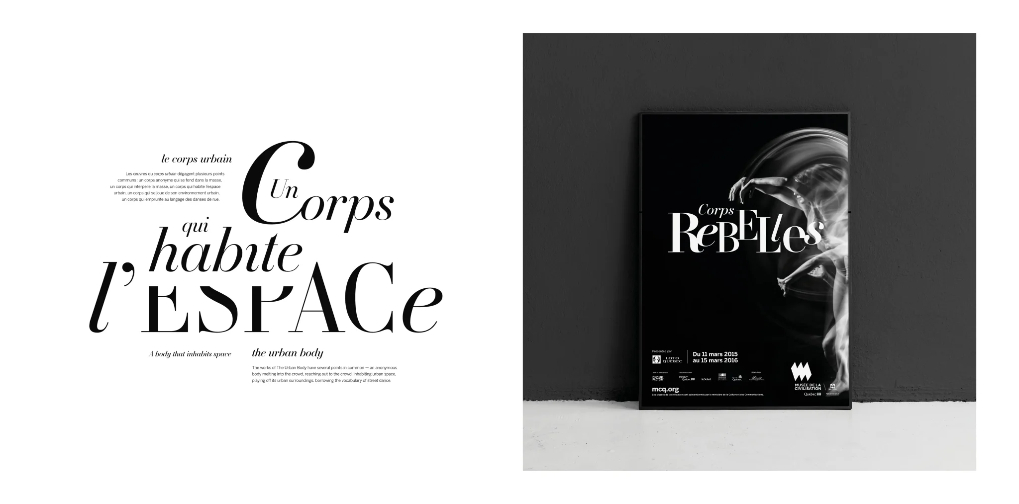 Affiche principale de l’exposition Corps Rebelles conçu par Atelier 480 avec un exemple de visuel typographique.