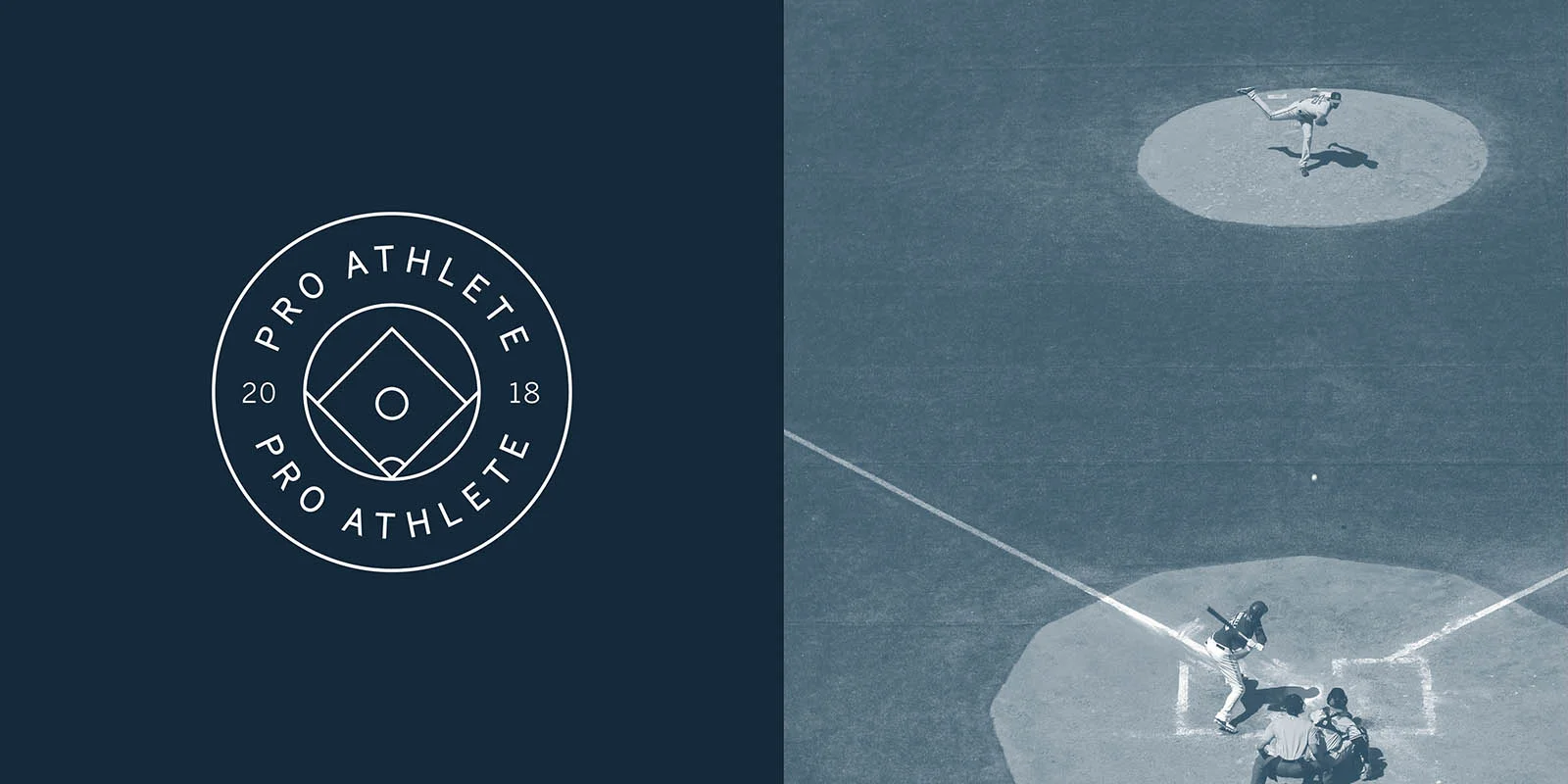 Logo Pro Athlete sur fond bleu marin de leur palette de couleurs, avec un visuel dans leur style photographique conçu par Atelier480.