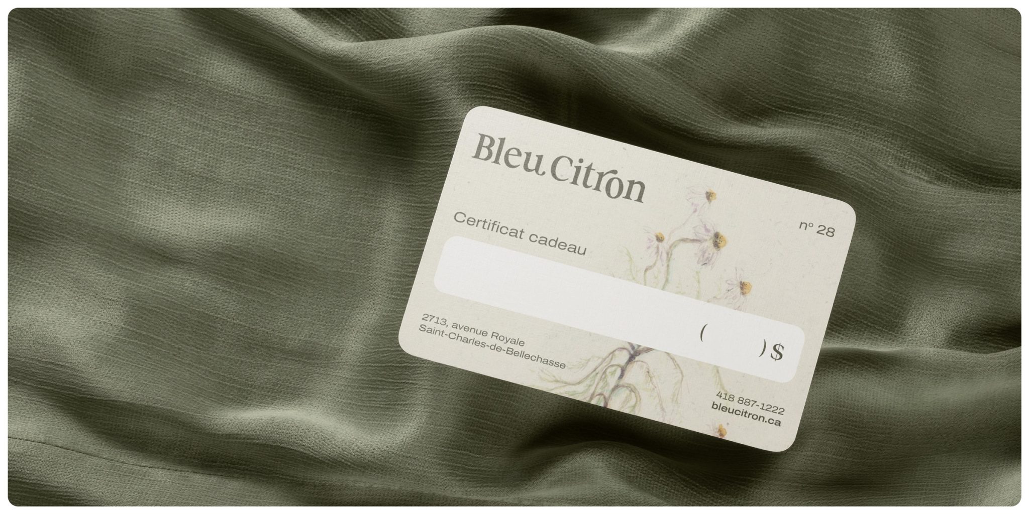 Certificat cadeau développé pour l'image de marque de Bleu Citron conçu par Atelier 480
