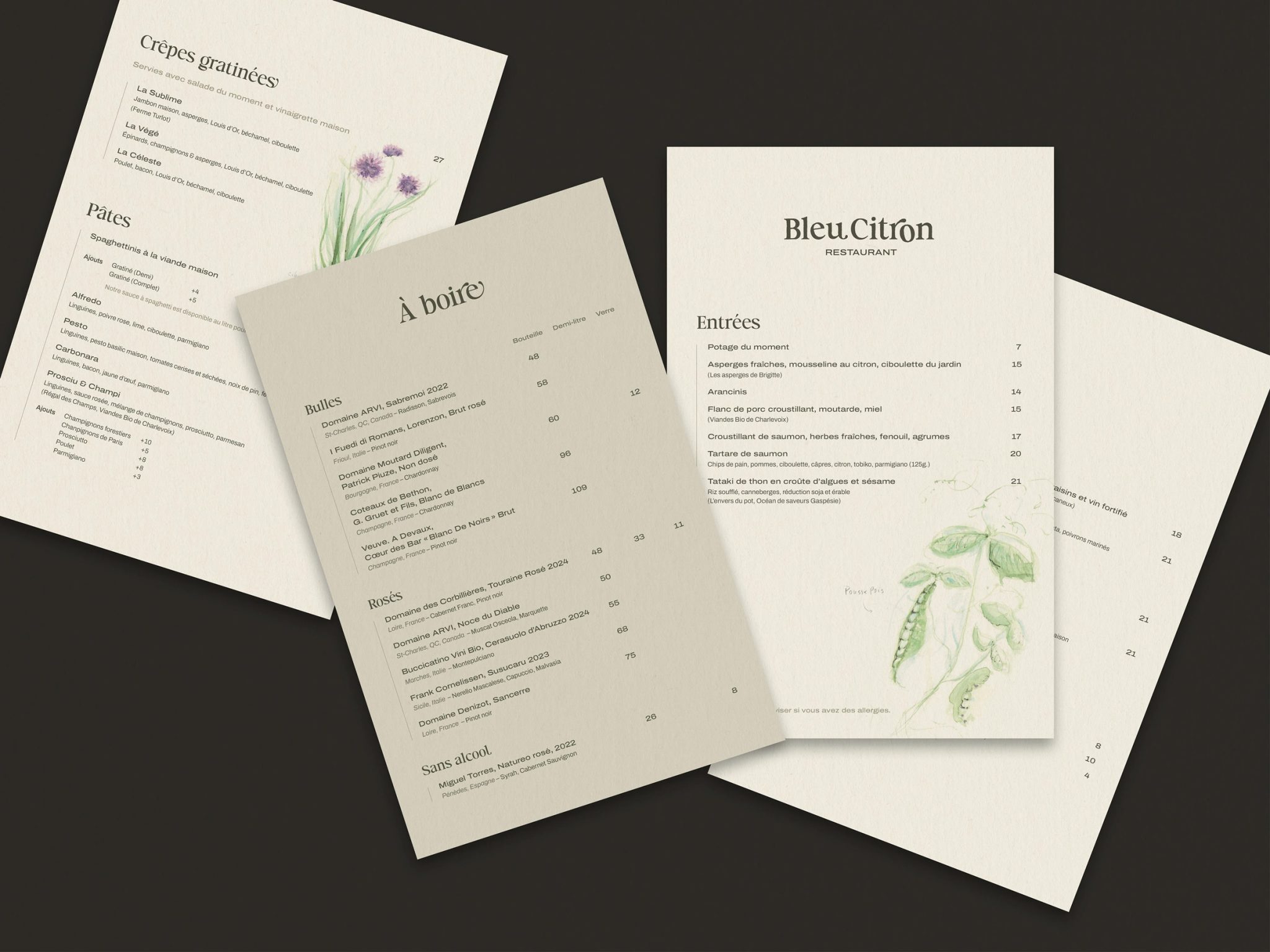 Page intérieur du menu principal développé pour la nouvelle image de marque de Bleu Citron conçu par Atelier 480