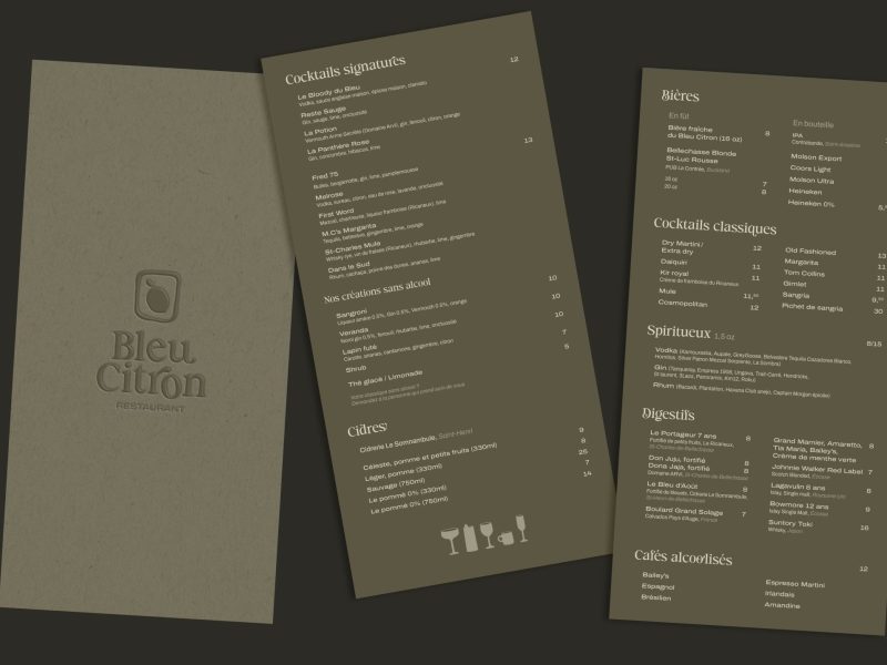Page intérieur du menu cocktails développé pour la nouvelle image de marque de Bleu Citron conçu par Atelier 480