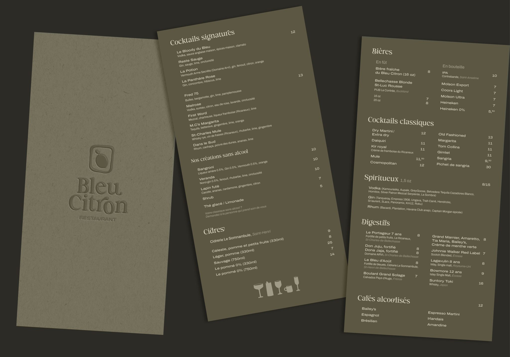 Page intérieur du menu cocktails développé pour la nouvelle image de marque de Bleu Citron conçu par Atelier 480