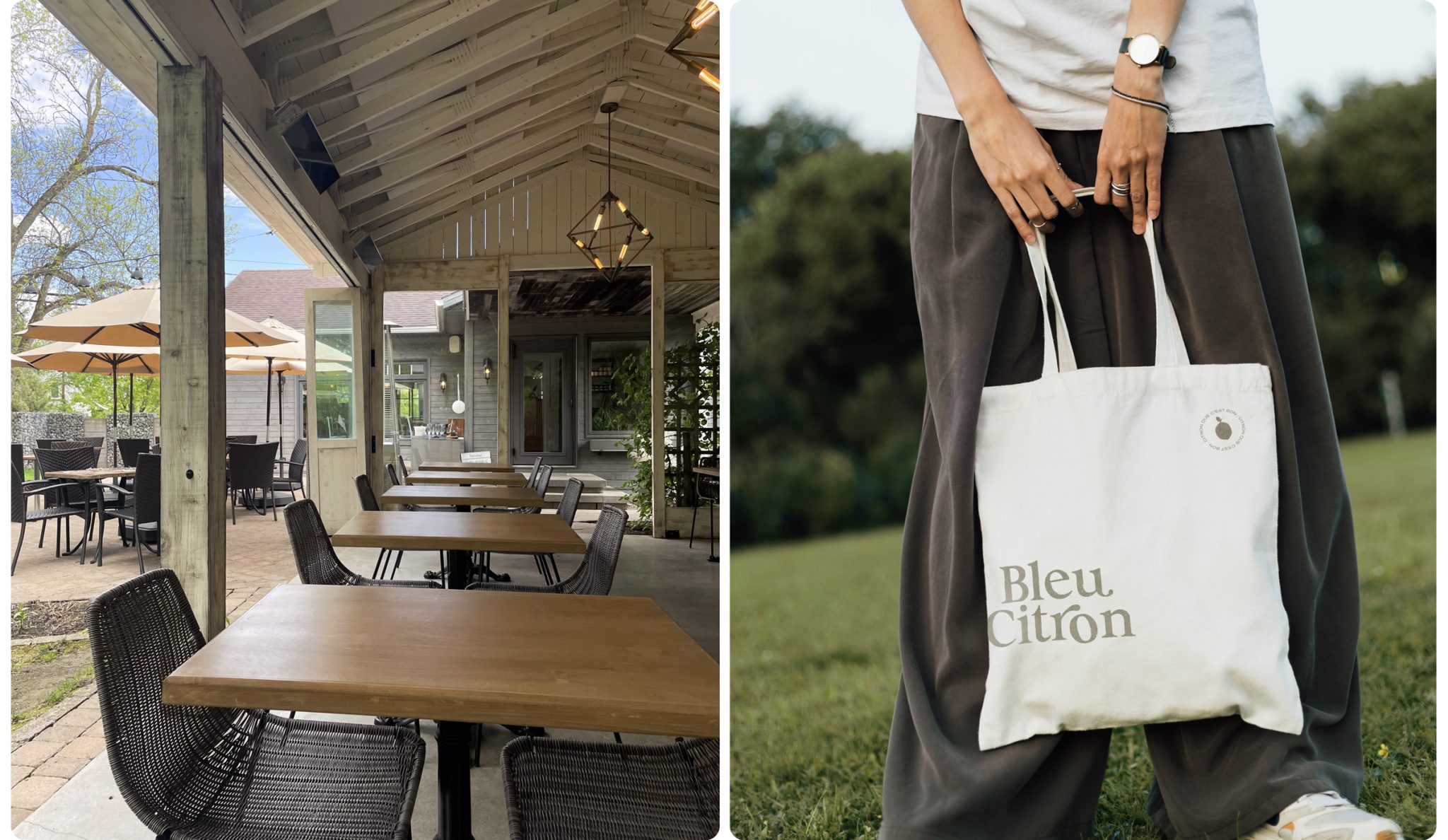 Maquette réaliste d'un tote bag réalisé dans la nouvelle image de marque de Bleu Citron conçu par Atelier480 ainsi qu'une photo d'ambiance du restaurant